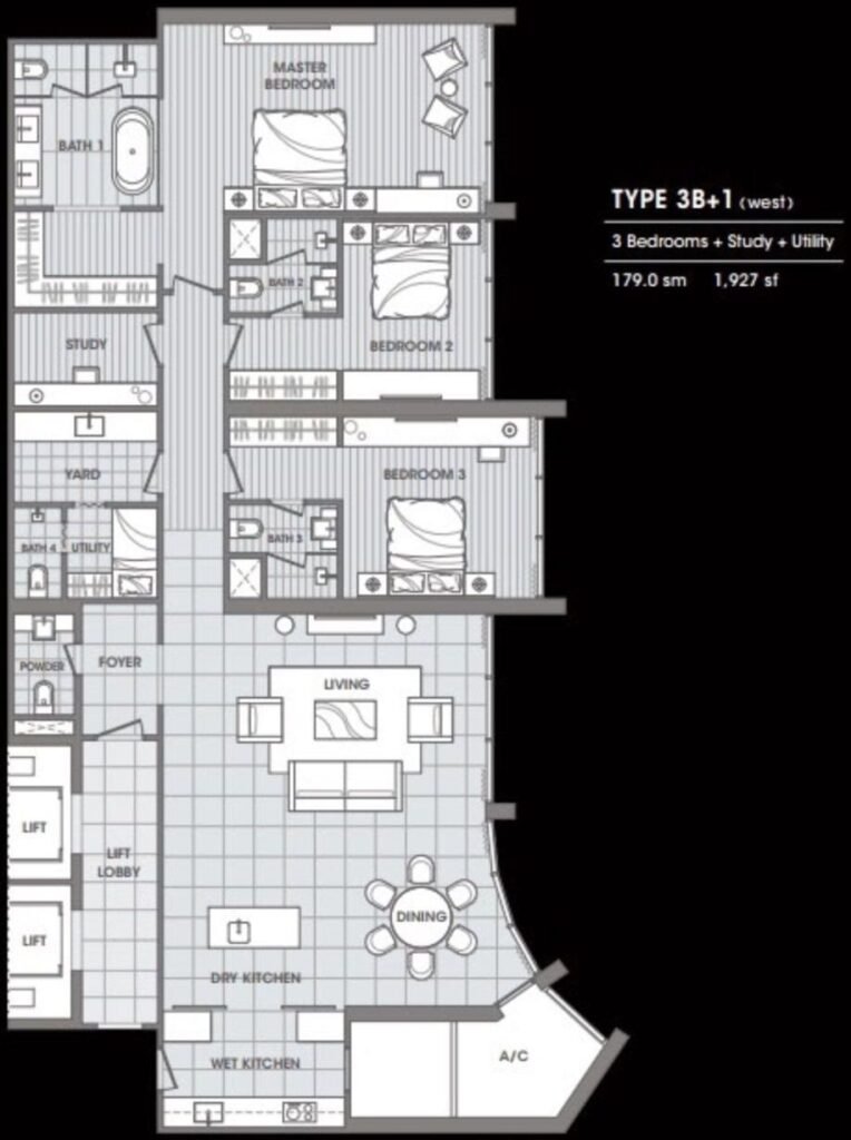 マレーシア・クアラルンプール・不動産賃貸のtomorrow、クアラルンプールの物件賃貸 クアドロレシデンス 間取りtype b3plus1 物件写真を提供